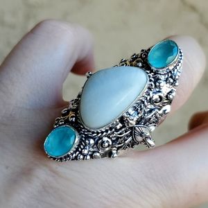 New Huge Larimar & Aqua Chalcedony 925 Silver Statement Ring.